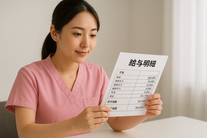 給与明細を見ている美容看護師