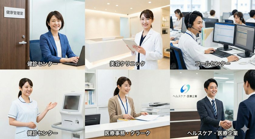 企業の健康管理室、美容クリニック、医療系コールセンター、健診センター、医療事務・クラーク、ヘルスケア・医療企業(企業系医療職)でそれぞれ転職を成功させた人