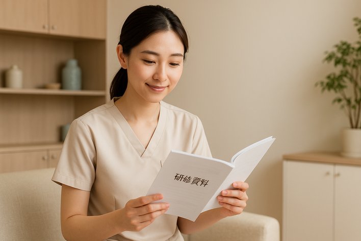 研修資料に目を通す看護師