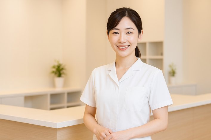クリニックの受付で微笑む看護師