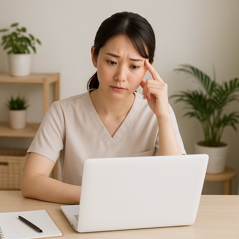 ノートパソコンで考え込む女性